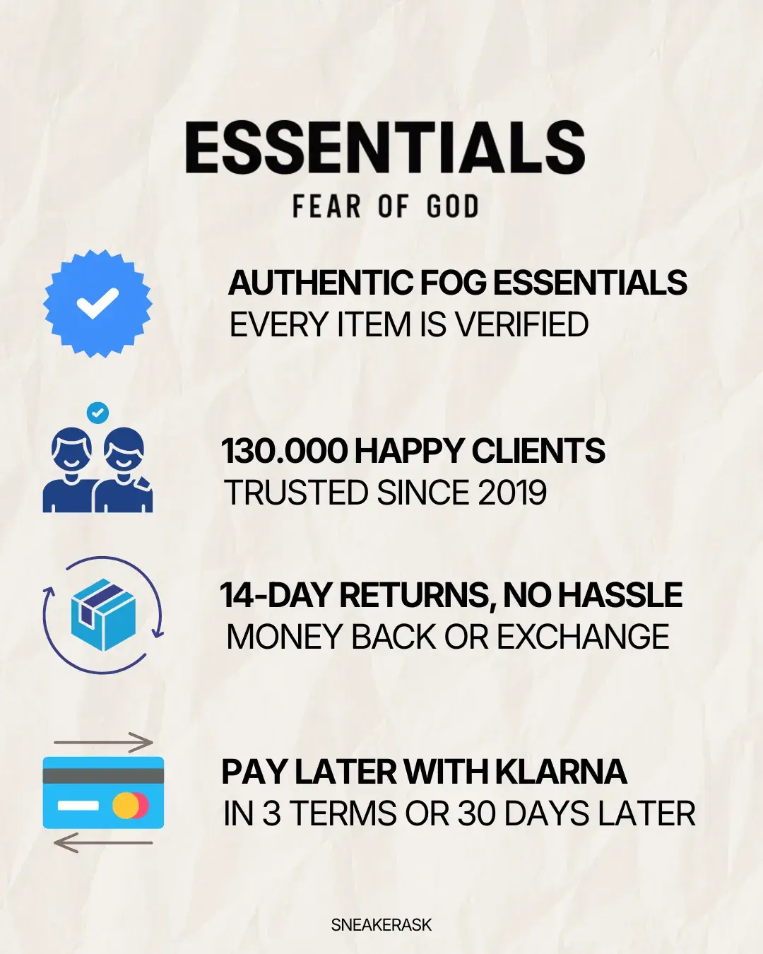 Infographic highlighting verified authentic Fear of God Essentials NBA Warm Heather Full set, 130,000 happy clients since 2019, hassle-free 14-day returns, and Klarna payment options, promoting exclusive sneakers in Europe.