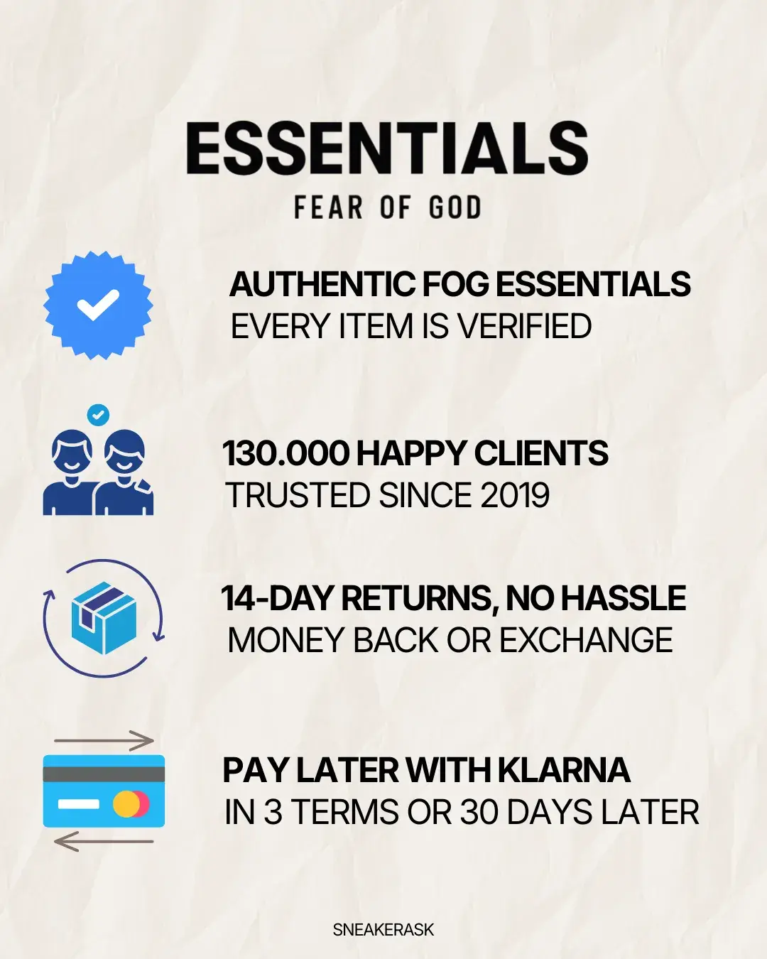Customer assurance infographic highlighting authentic Fear of God Essentials FW24 Black White Full set with verified items, 130,000 happy clients since 2019, 14-day hassle-free returns, and Klarna payment options. The real deal.