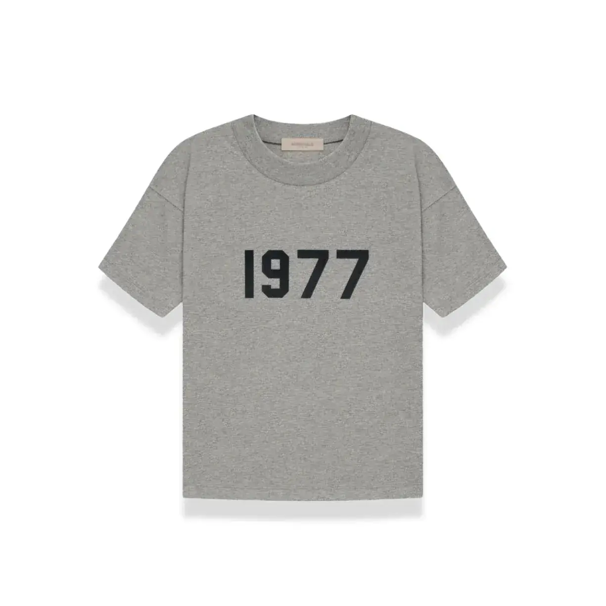 Grey short-sleeve t-shirt with bold black "1977" print, part of the Fear of God Essentials 1977 Dark Oatmeal Summer Set, showcasing minimalist style for exclusive SneakerOne collections.