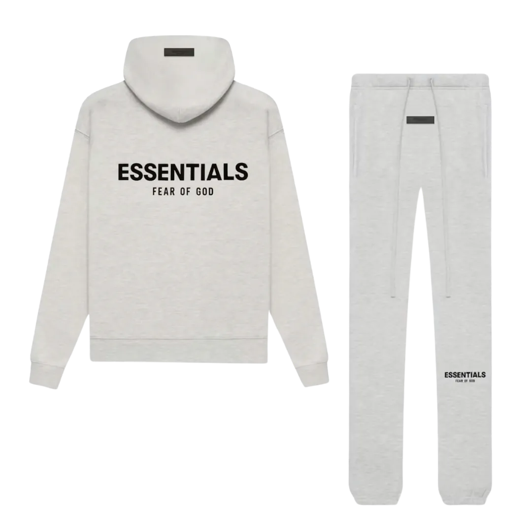 Fear of God Essentials Light Oatmeal Full set featuring a light oatmeal hoodie and matching joggers with black Essentials branding, perfect casual clothing for sneaker enthusiasts.