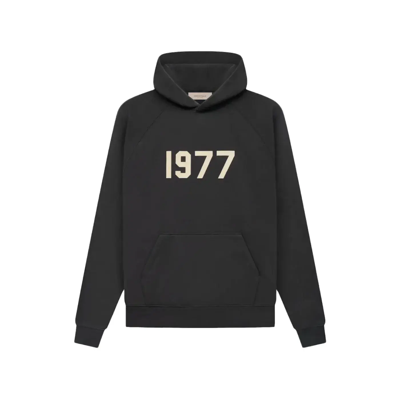 Minimalist black hoodie featuring a bold 1977 print, part of the Fear of God Essentials 1977 Iron Black Full set, perfect for exclusive sneaker and clothing enthusiasts in Europe.