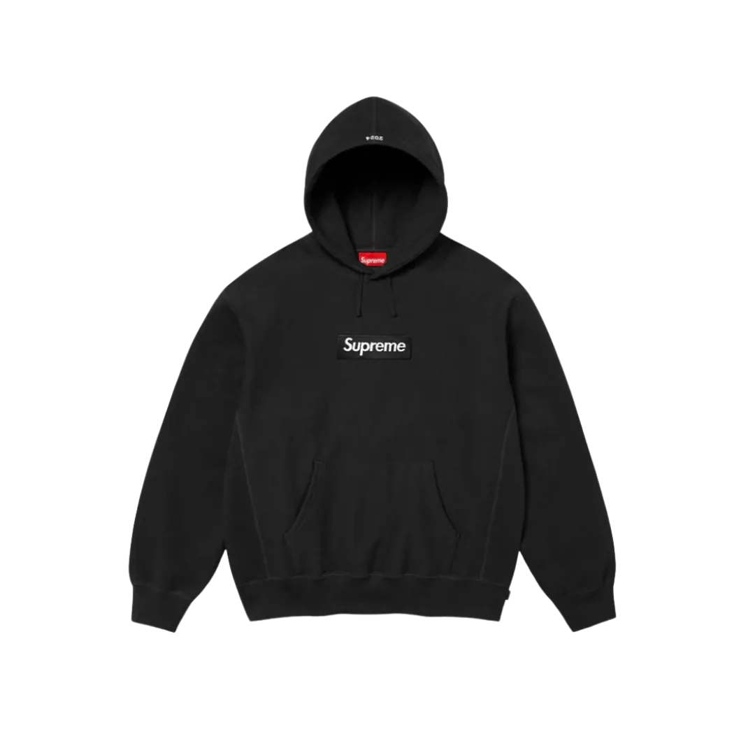 Black hooded sweatshirt with front kangaroo pocket and a prominent Supreme Box Logo on the chest, styled as the Supreme Box Logo Hooded Sweatshirt Sweatshirt (FW24) Black, perfect for streetwear enthusiasts.
