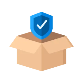 Illustration of an open cardboard box with a blue shield featuring a white checkmark above it, representing SneakerOne Verzendbescherming for secure and protected sneaker delivery.