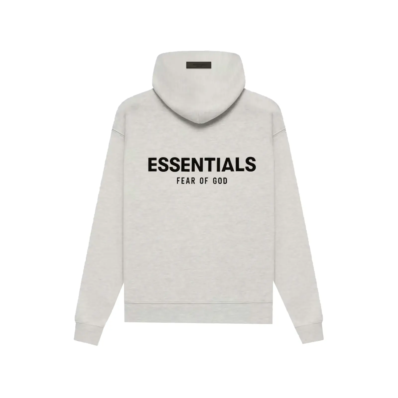 Back view of a light oatmeal hoodie with bold black "ESSENTIALS FEAR OF GOD" text, part of the Fear of God Essentials Light Oatmeal Full set, showcasing casual streetwear style.